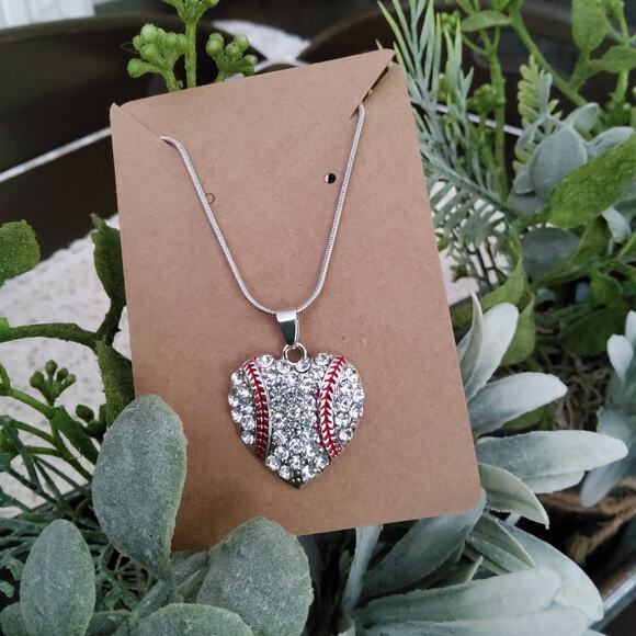 Women's Crystal Baseball Heart Silver Tone Pendant Necklace - Picture 1 of 5